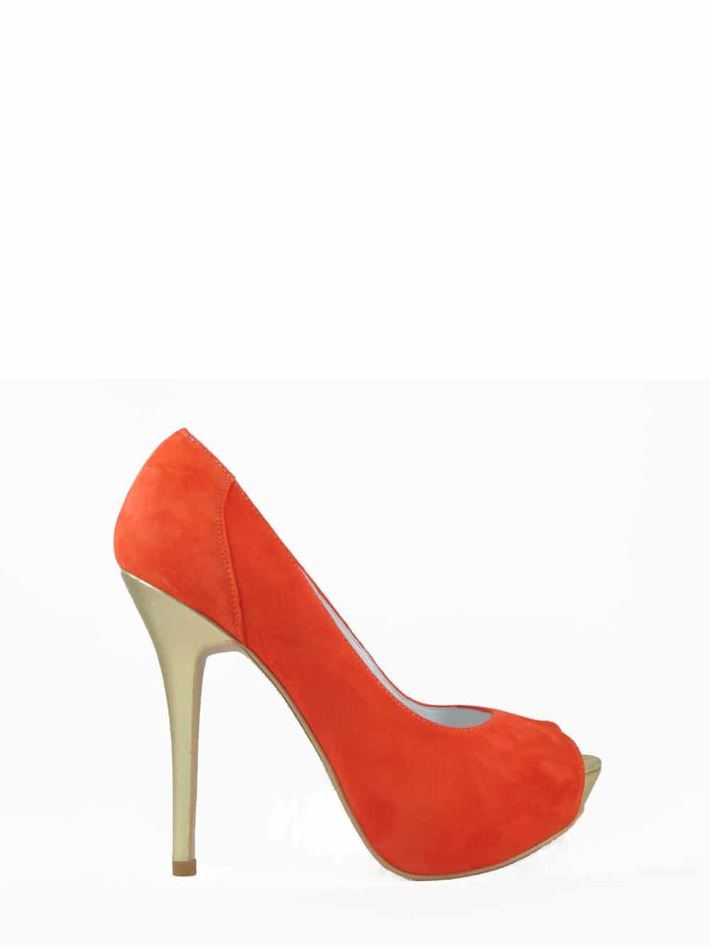 Peeptoes mit Plateau aus Veloursleder orange/gold